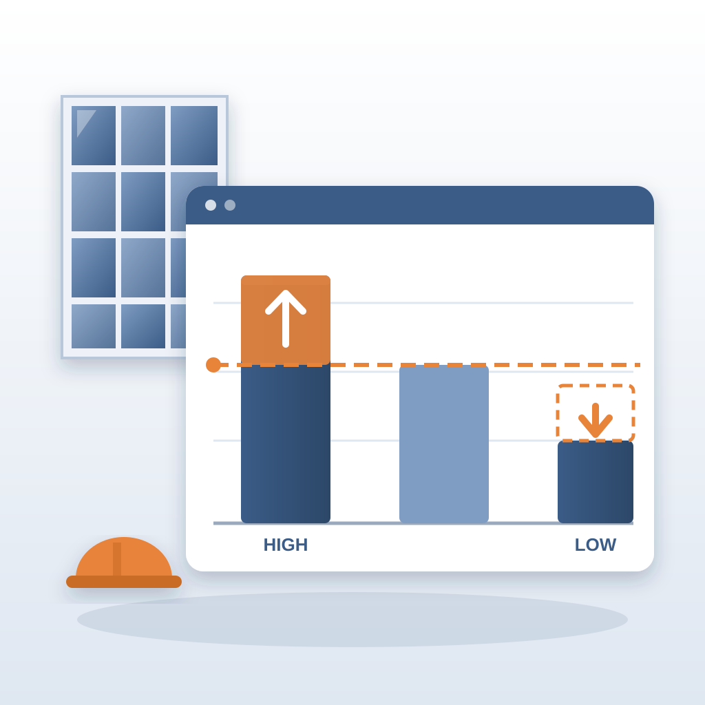 A curtain wall facade beside a bar chart of three bids against a dashed contract line: one bar overshoots it, one matches, and one falls short, leaving a missin