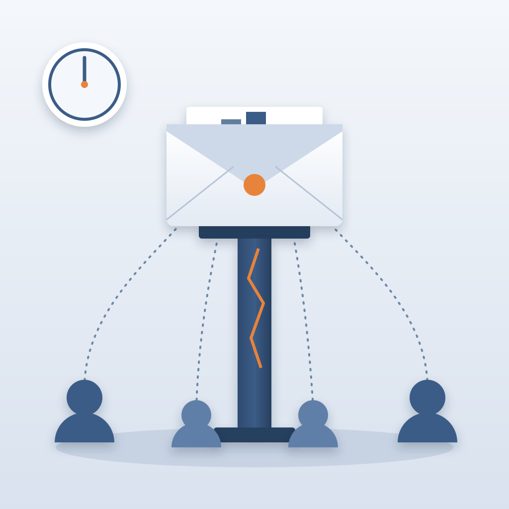 A single envelope holding a bar chart balances on one cracked pillar while four team members below depend on it through dotted lines, beside a clock showing six