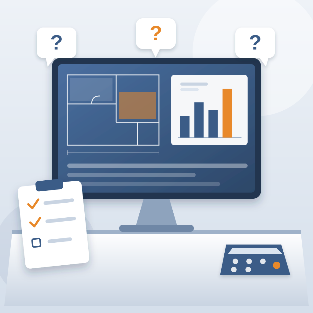 A construction estimator's desk with a monitor showing a floor plan takeoff and a cost bar chart, question-mark bubbles floating above, a checklist clipboard an