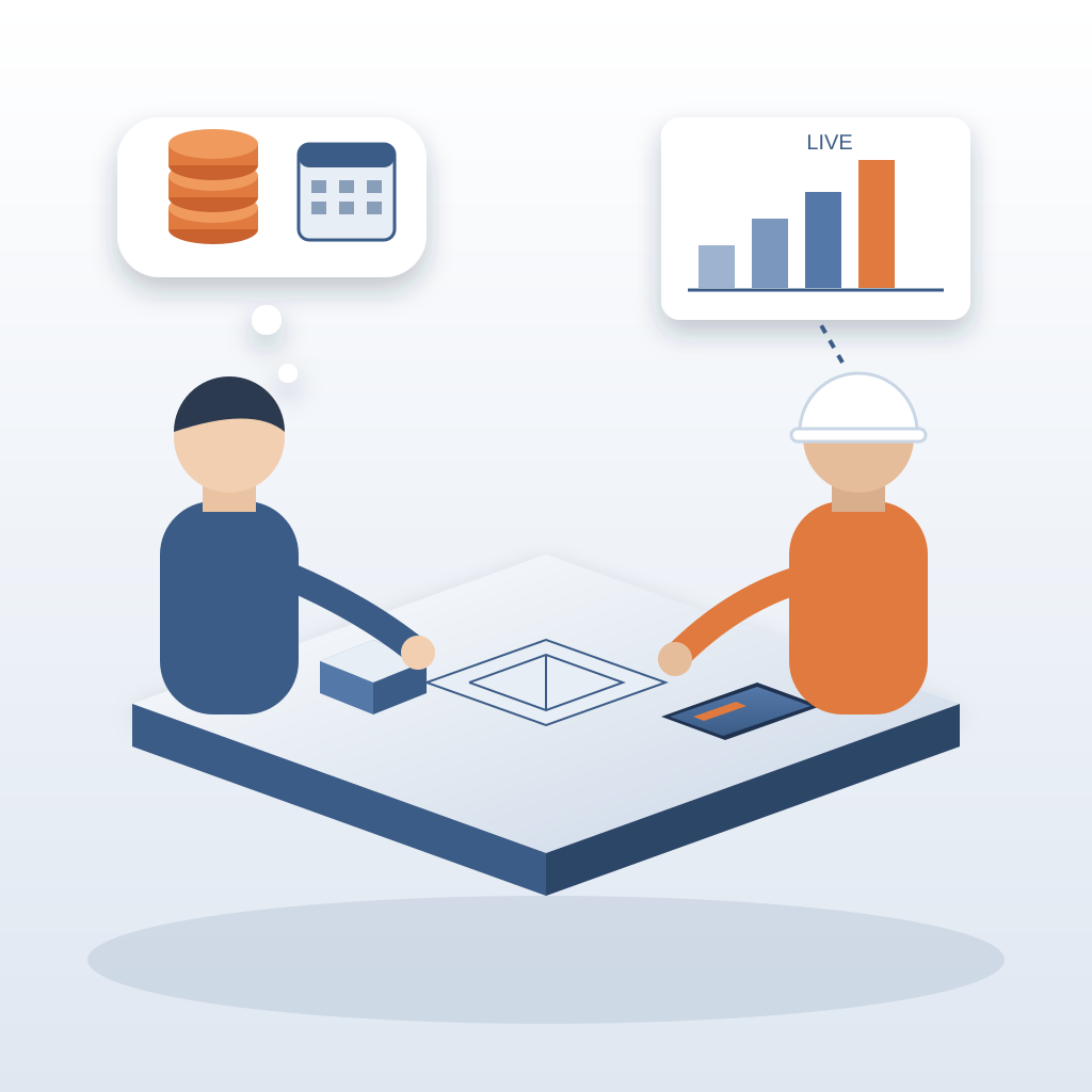 A client and a contractor sit across a table with a building model, floor plan and tablet, while a thought bubble of coins and a calendar and a live bar chart s