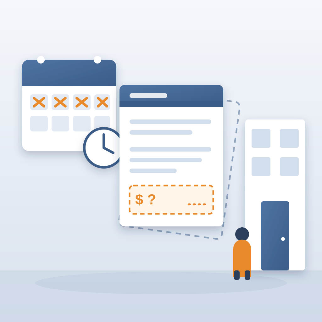 A half-finished bid document with an empty dashed price box sits between a calendar with four crossed-out days and a clock on one side and a client walking into
