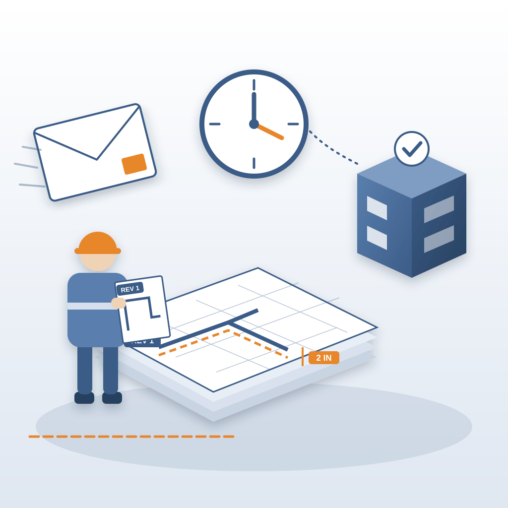 A site worker lays out from an old REV 1 print while a clock runs late, a bid package goes out, and the 3D model shows a 2 IN shifted wall.