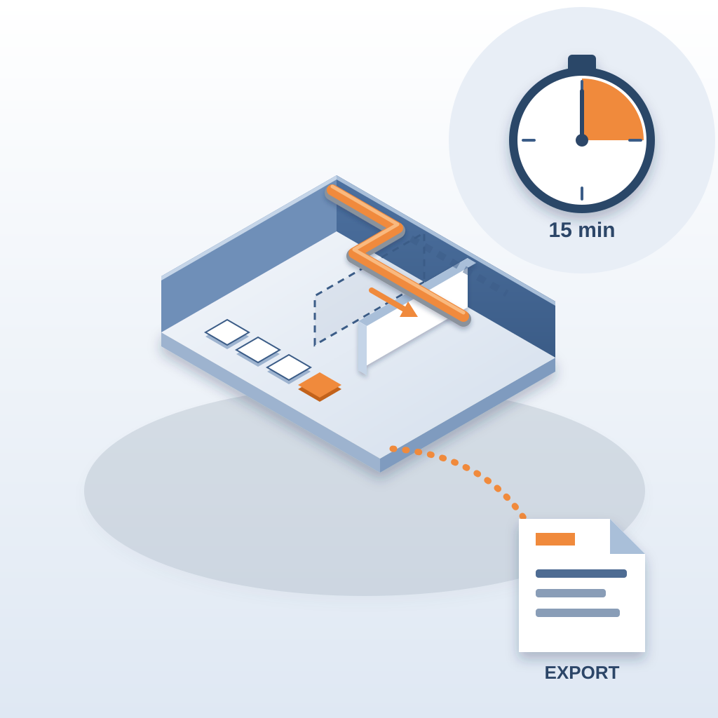 An isometric building model with a partition wall shifted from a dashed old position, a rerouted orange duct and four lobby options, with an arrow exporting it 