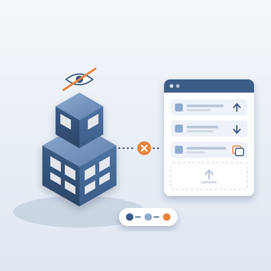 An isometric Revit-style building model disconnected by a broken dashed link with an orange X from a manual file-sync project tool window showing upload, downlo