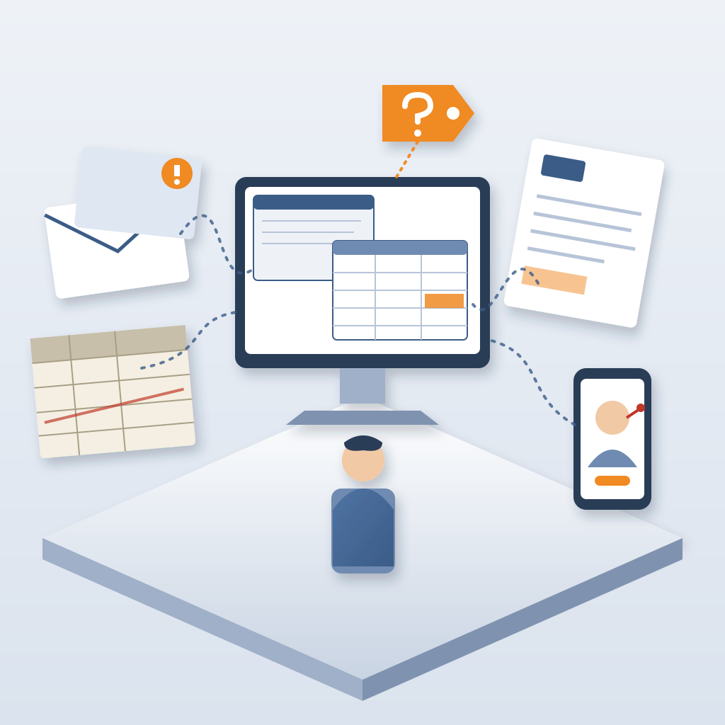 An estimator at a desk faces a monitor with overlapping windows, surrounded by scattered emails, a PDF, an old spreadsheet and a phone showing a sick supplier, 
