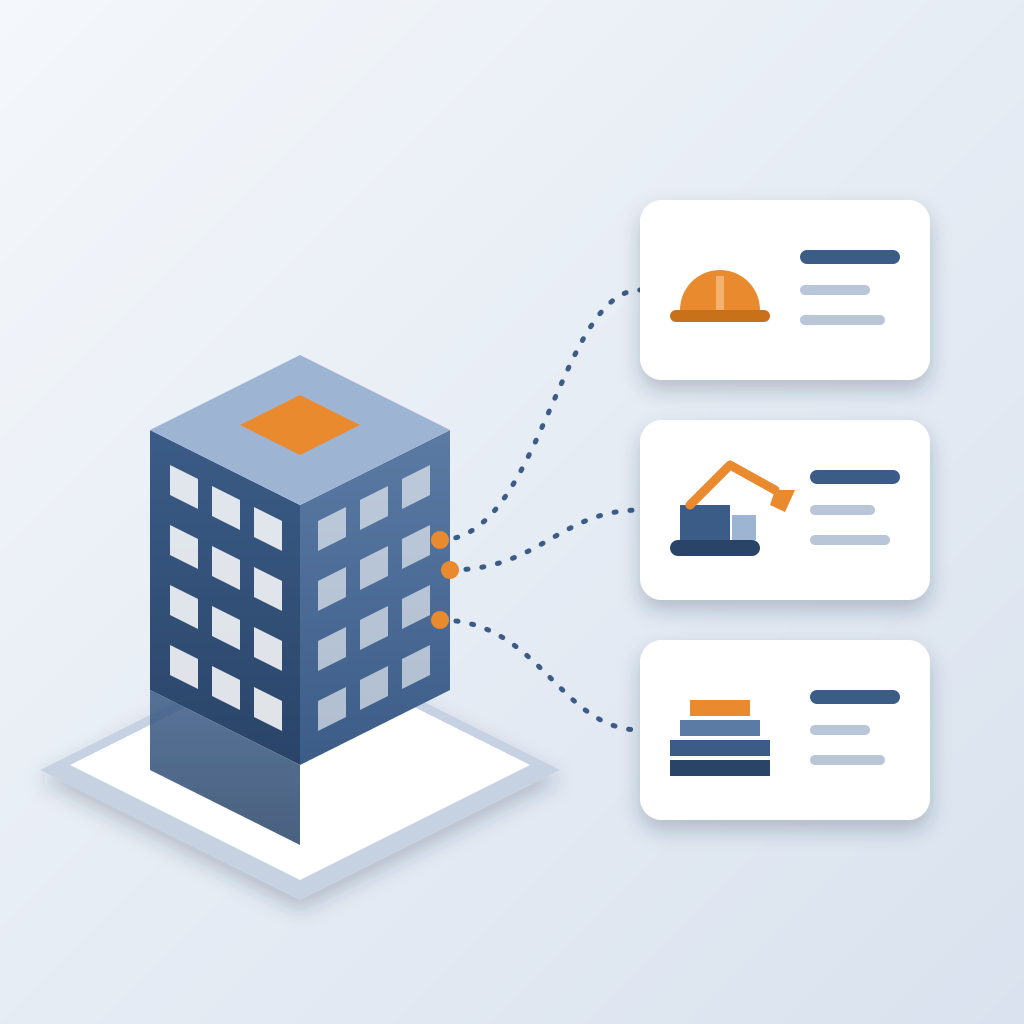 An isometric blue building model with dotted lines flowing from it to three white cards showing a hard hat for labor, an excavator for equipment and stacked bea