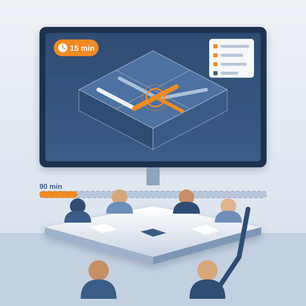A coordination meeting where people at a table face a wall screen showing a 3D building model with changed duct runs highlighted in orange and a 15 min badge, a