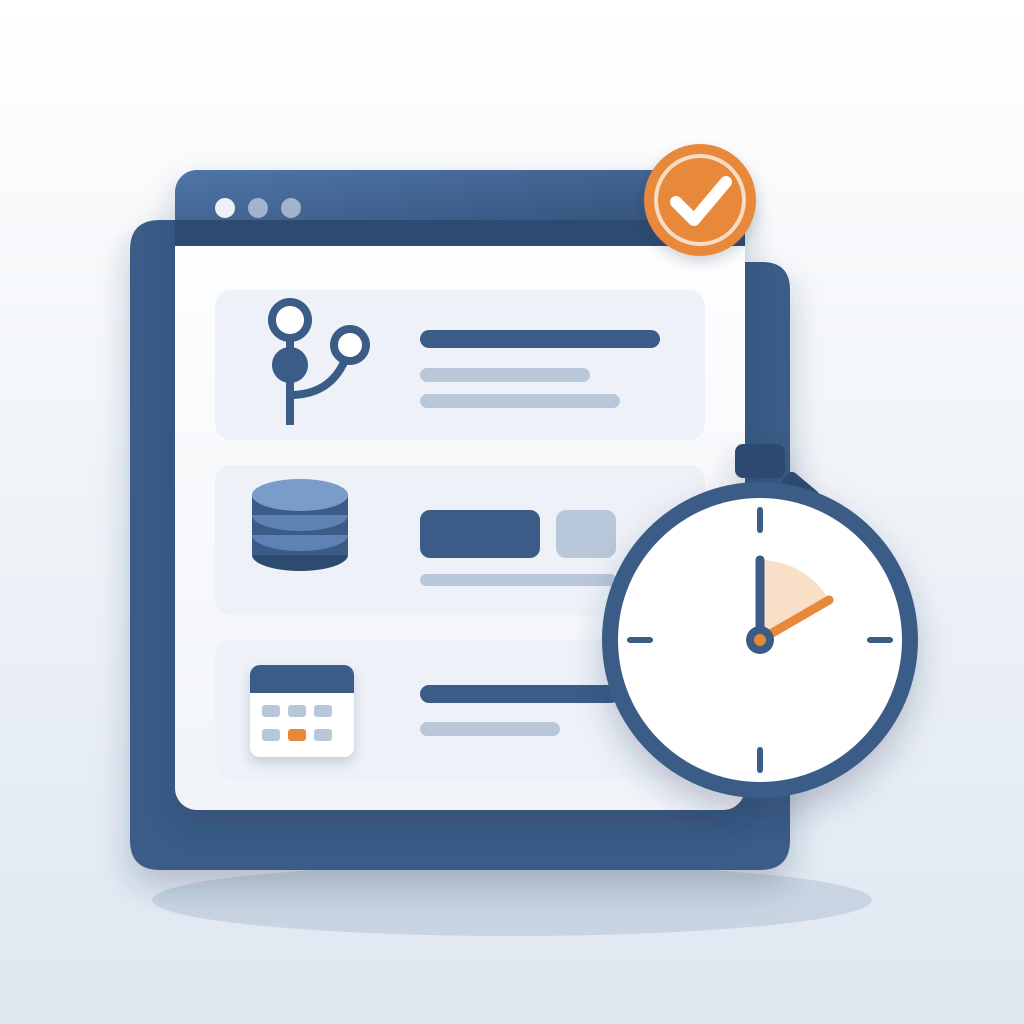 An open project record showing a commit history, a stack of cost coins and a calendar date, beside a large stopwatch timing how fast the answer was found.