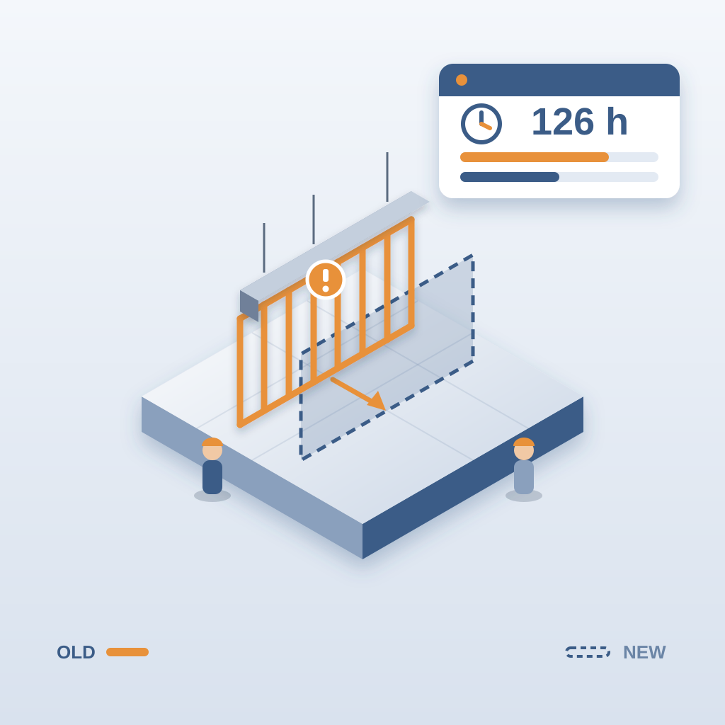 Isometric floor slab where timber wall framing and a hanging duct sit at the old wall line while the dashed new wall position is a few feet over, with a change-