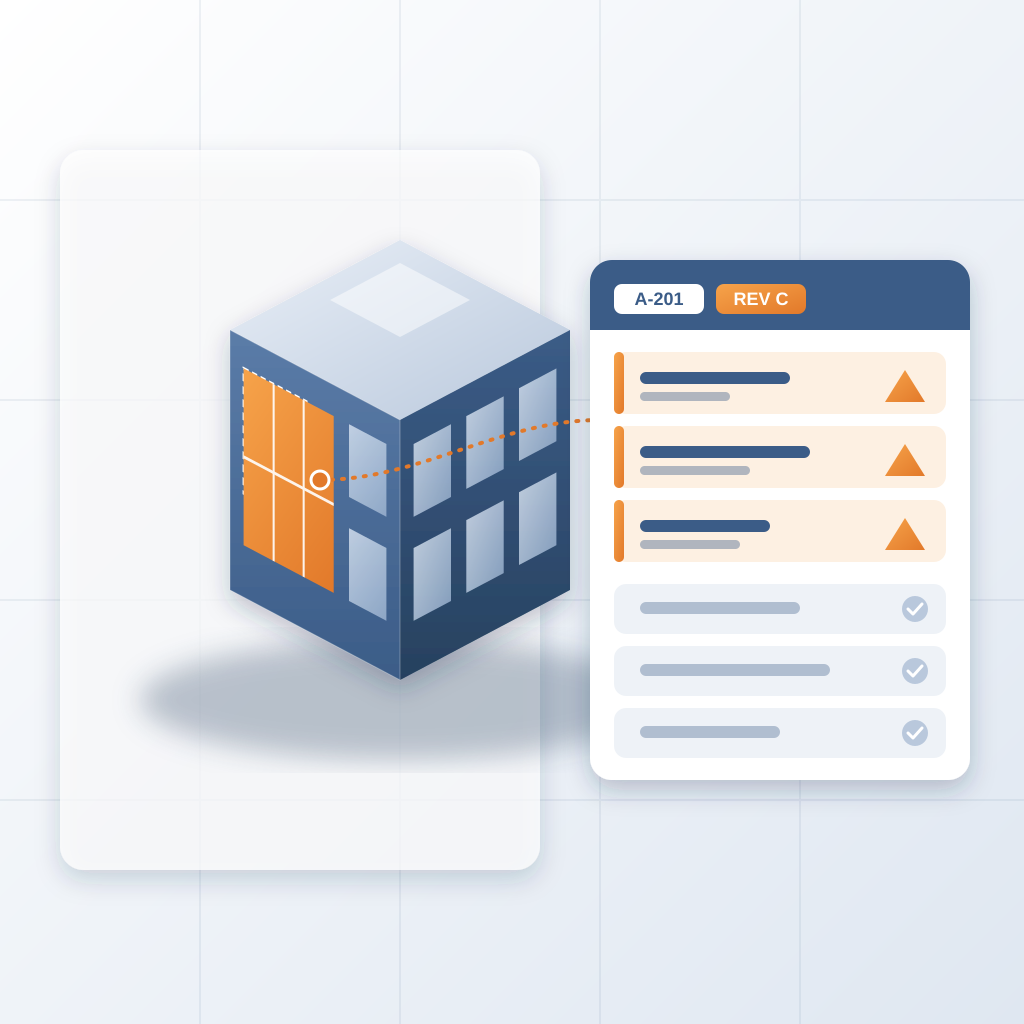 An isometric building model with one enlarged orange window wall, linked to a revision card listing three changed elements in orange and three unchanged element