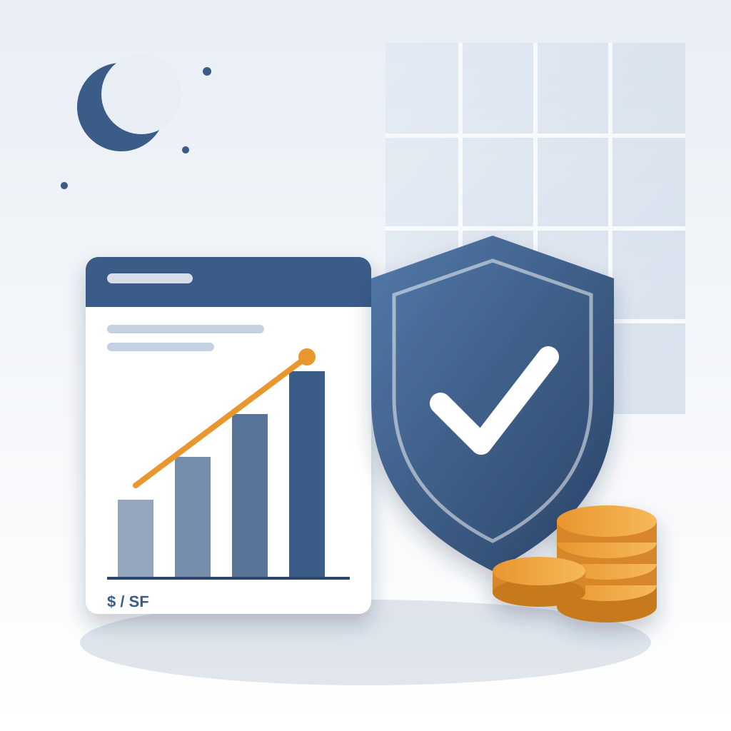 A blue shield with a white checkmark sits between a bid sheet showing a rising bar chart and stacks of gold coins, with a night moon and curtain-wall glass grid