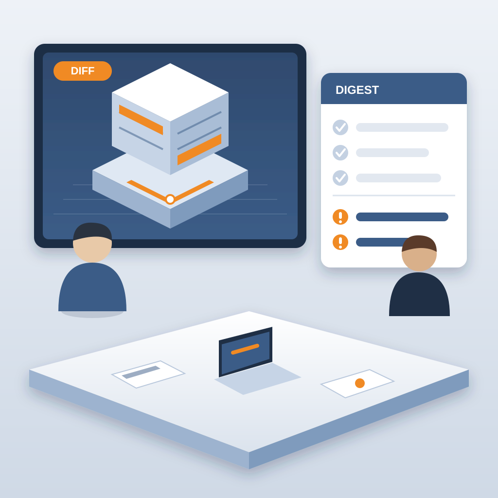 Isometric 3D building model on a wall screen with changed elements highlighted in orange beside a digest checklist of closed and open items, over a coordination