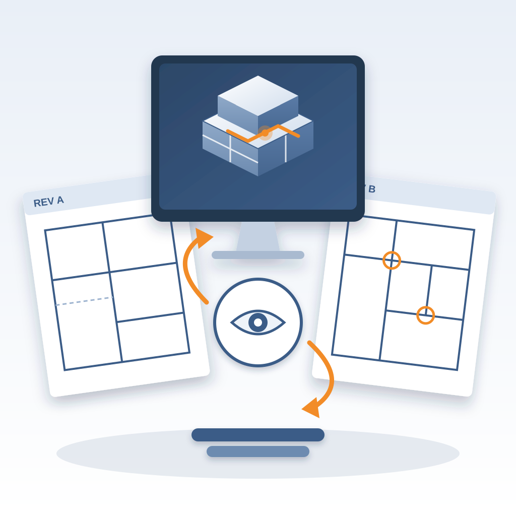 A monitor showing an isometric building model with an orange duct clash, flanked by two floor-plan sheets marked REV A and REV B, with an eye between them and l