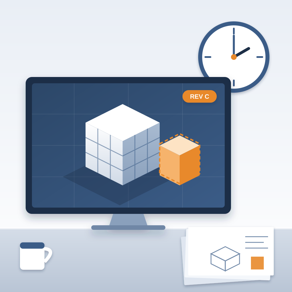 A monitor shows a 3D building model with a newly revised wing highlighted in orange and tagged REV C, beside a wall clock showing two o'clock and a stack of pri