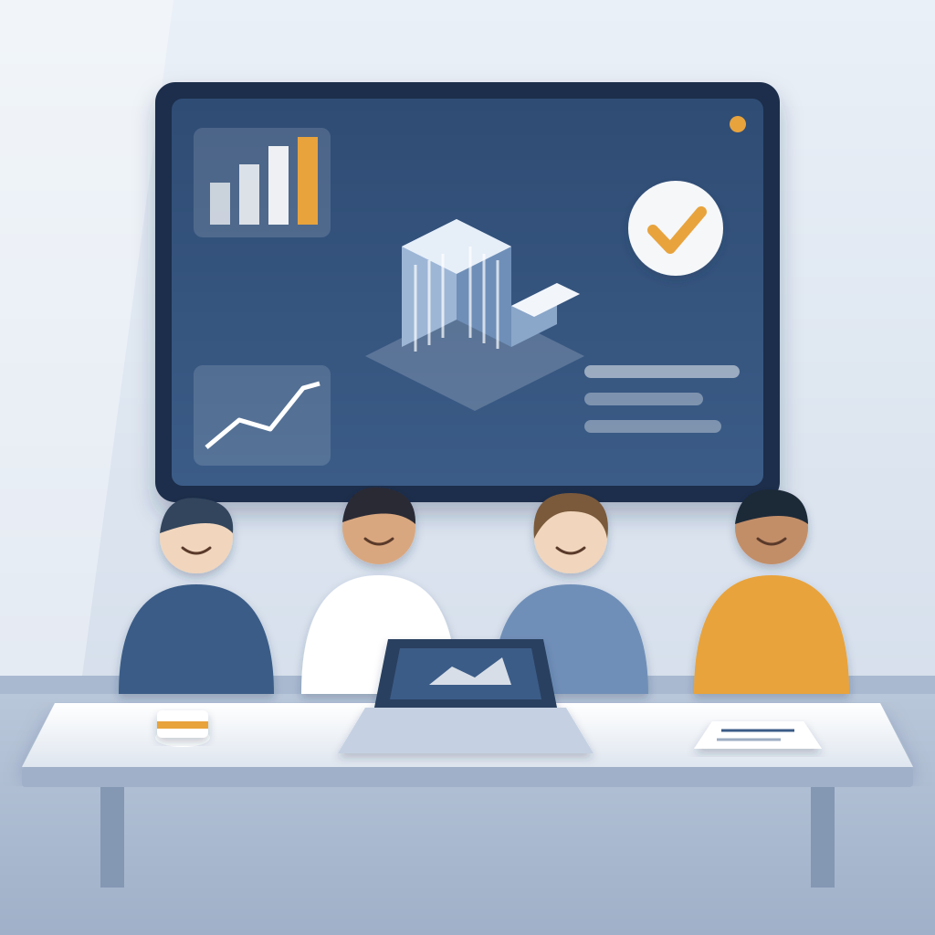 A relaxed, smiling team sits around a meeting table with a laptop while a large wall screen shows a live 3D building model, rising bar chart and a check mark.