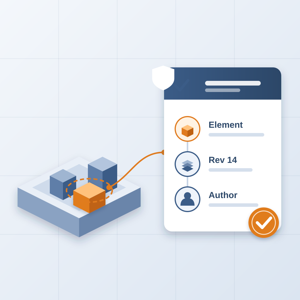 An isometric building model with one highlighted element linked to a card showing its element, revision number and author, sealed with a check badge.