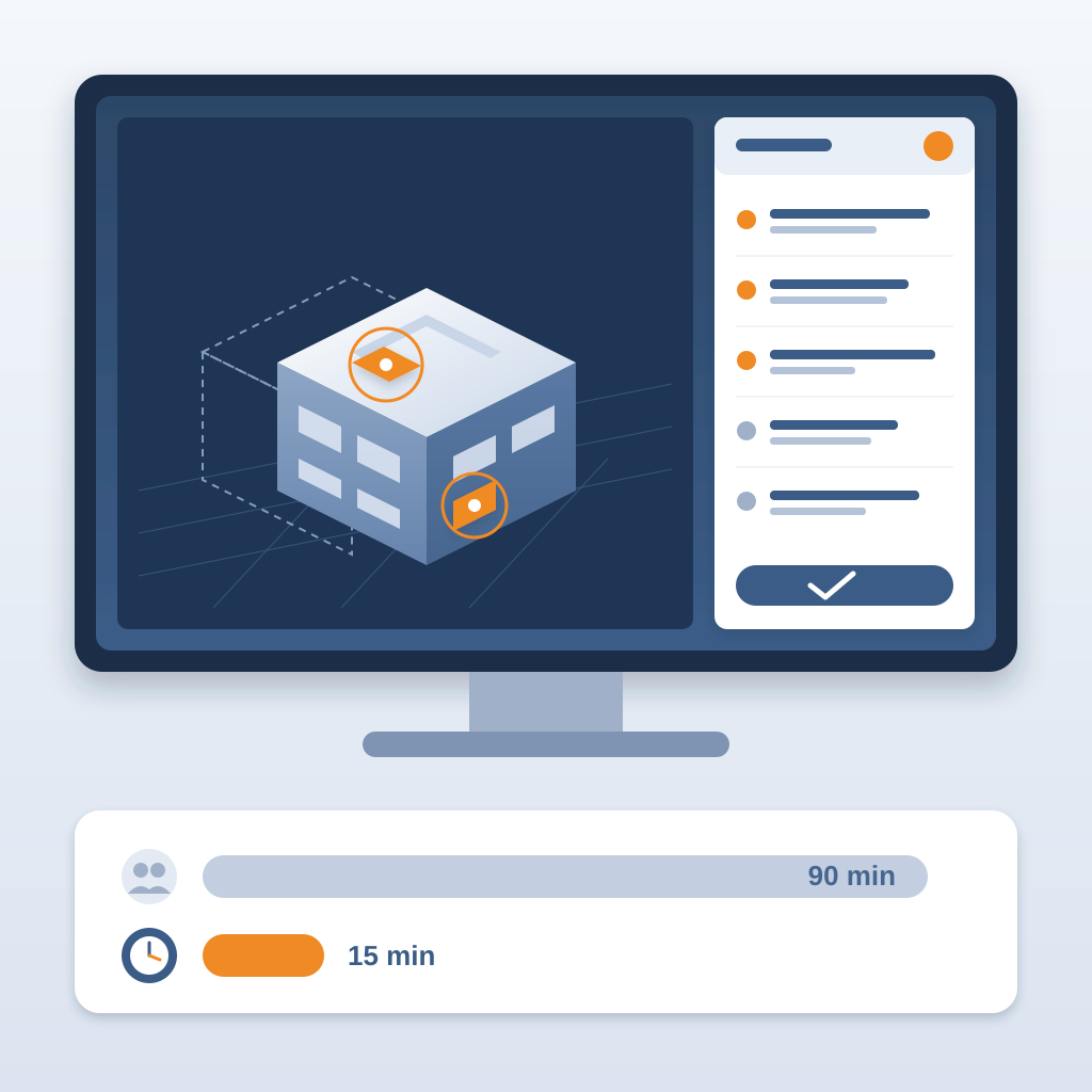 A Revit building model on a monitor with changed elements highlighted in orange beside a change list, above bars showing a 15-minute check against a 90-minute m