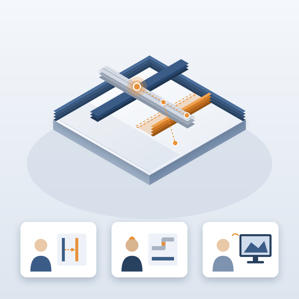 Isometric building model with a moved wall shown dashed, a duct crossing a blue beam at a glowing clash point, and architect, engineer and owner cards below.