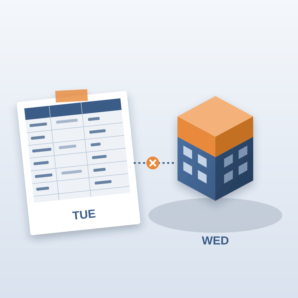 A frozen spreadsheet printed like a Tuesday snapshot photo is cut off by a broken dashed link from a live isometric building model that has gained a new orange 