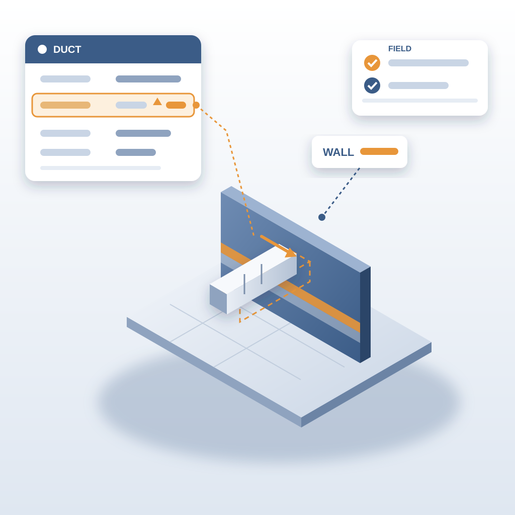 Isometric model view of a wall and a duct that has moved from its dashed earlier position, with property cards flagging the changed metadata row and a field che