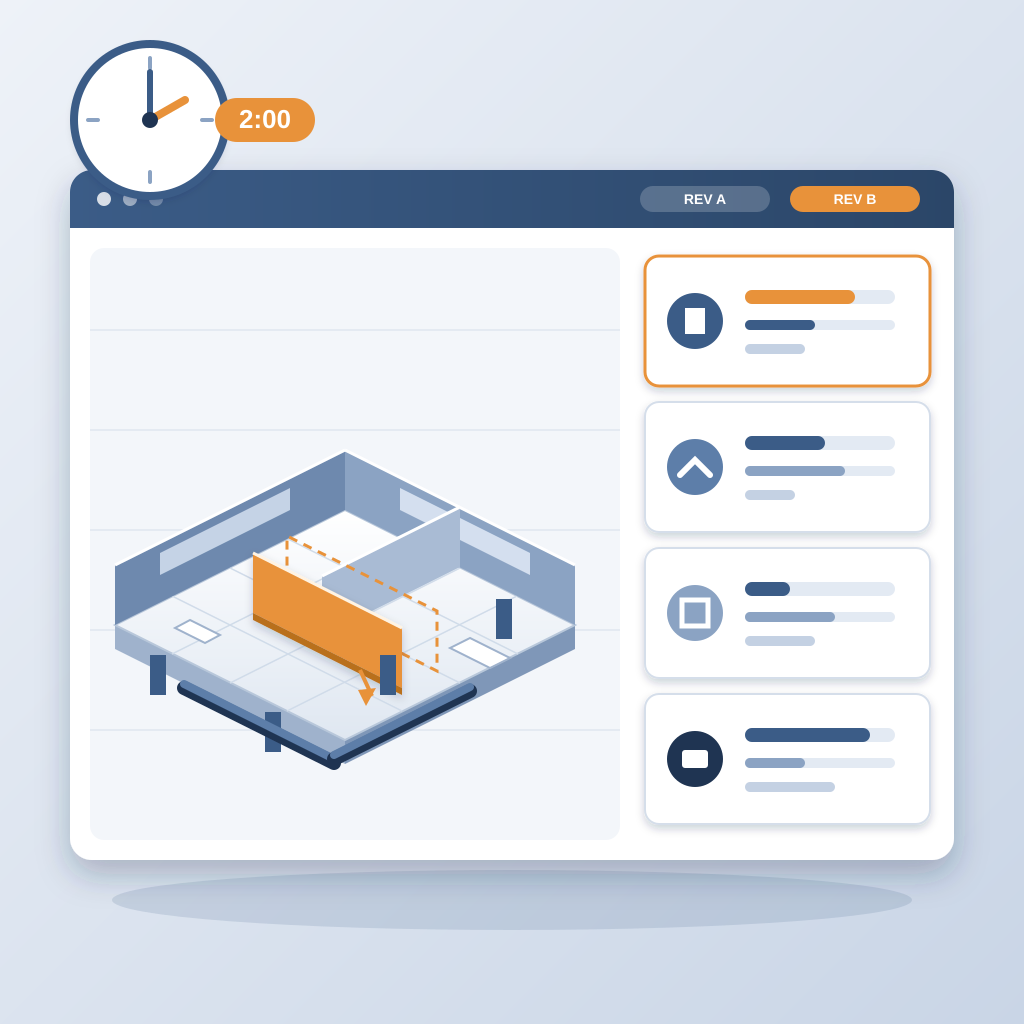 A BIM model view of a floor plan with one wall shifted from its dashed original position in orange, beside a comparison panel with four category cards and a clo