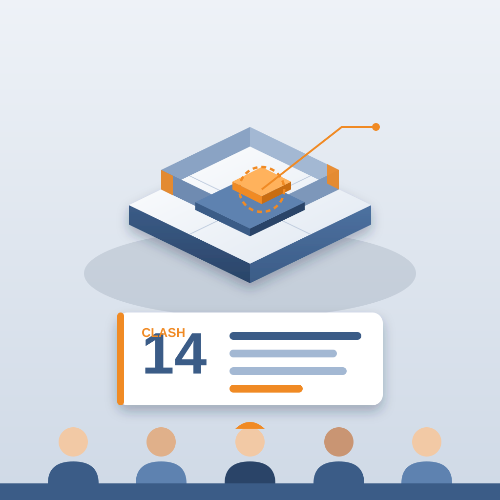 Isometric building model with a highlighted orange duct clash, linked to a card showing the number 14, with five team members gathered below.