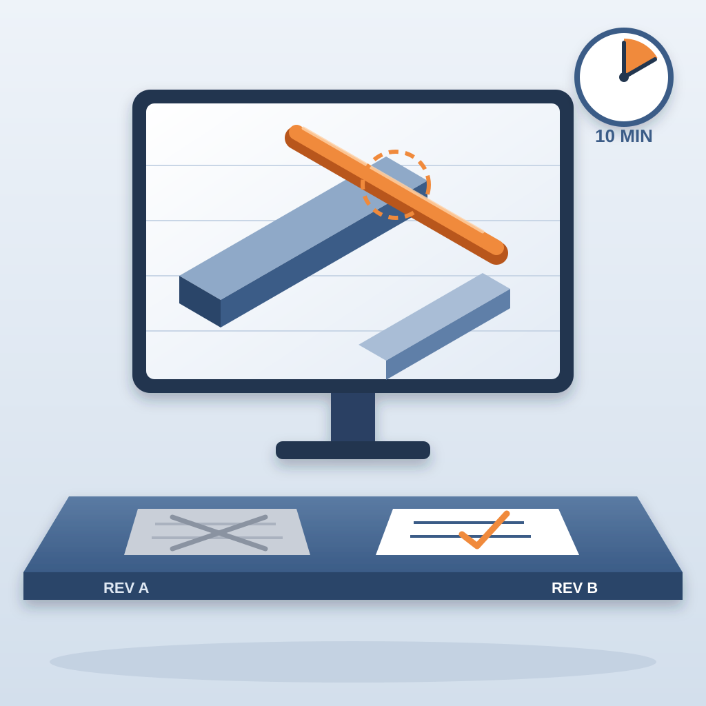 A monitor shows a 3D model of an air duct and an orange pipe with a clash circled, above a table holding a crossed-out old drawing sheet and a checked current o