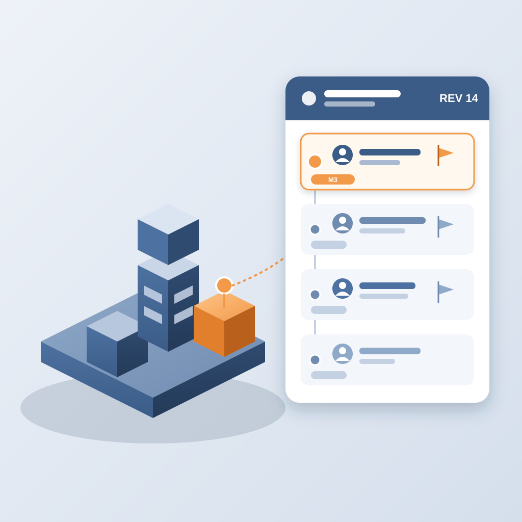 An isometric building model with one orange assembly flagged, linked by a dotted line to a revision history card listing who published each change and against w