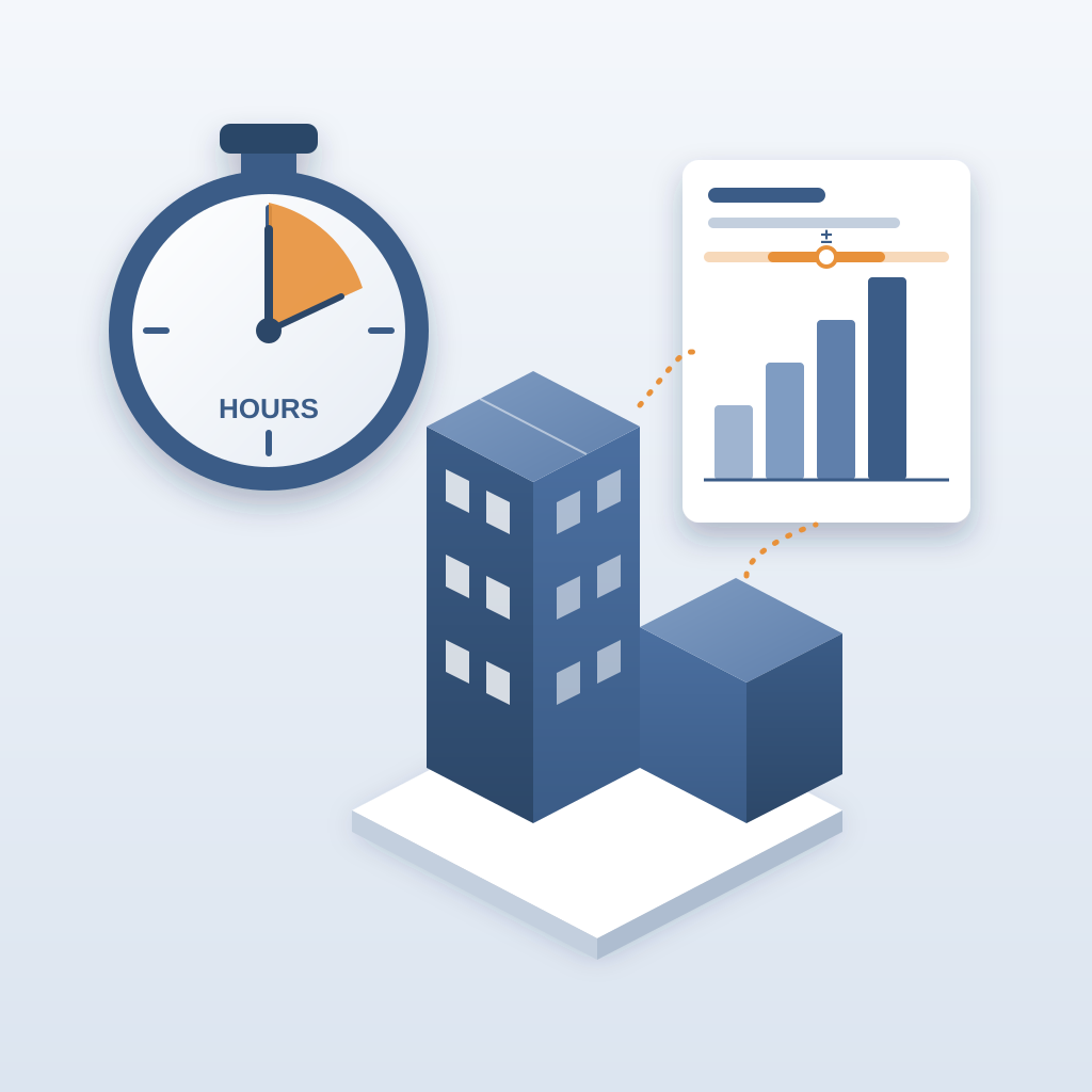An isometric building model beside a large stopwatch and an estimate sheet with a rising bar chart and a budget range marker, showing a fast early cost estimate