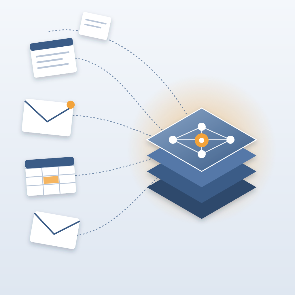 Scattered documents, envelopes and spreadsheets on the left all connect by dotted lines to a single layered, glowing network model on the right that holds every